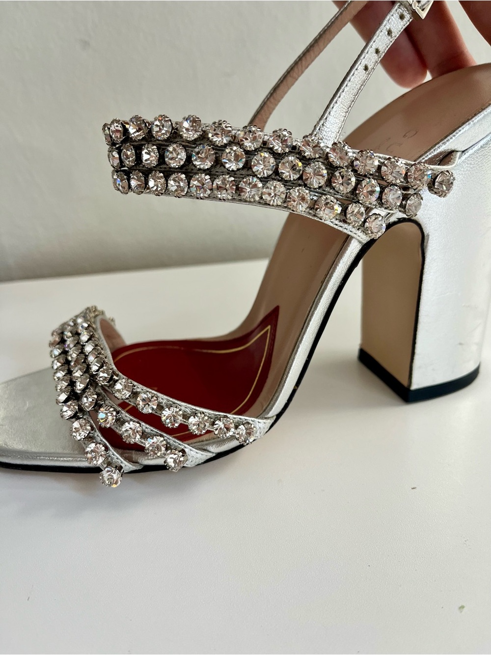 Gucci Bertie Crystal Metallic Leather Sandals Size 36.5 - Picture 11 of 16